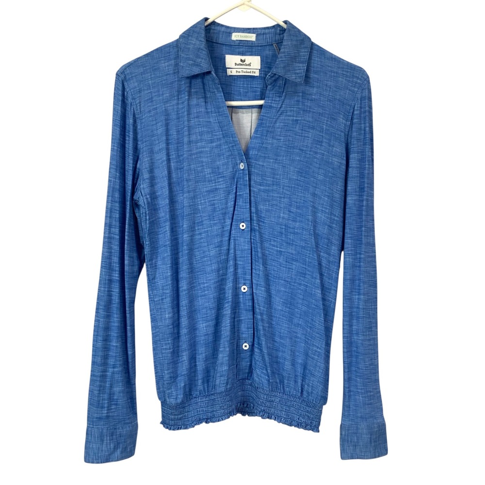 Buttercloth Blue Icy Bamboo Pre Tucked Fit Long Sleeve Button Up Shirt Sz Small